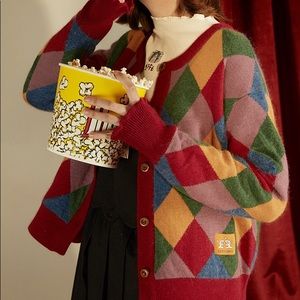 Diamond Check Rabbit Fur Infused Cardigan Sweater